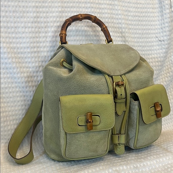 Gucci Bamboo Green Leather/Suede Backpack - Picture 3 of 16